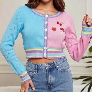 NWT Forever 21 Rainbow Knit Cropped Mushroom Cherry Cardigan Size S